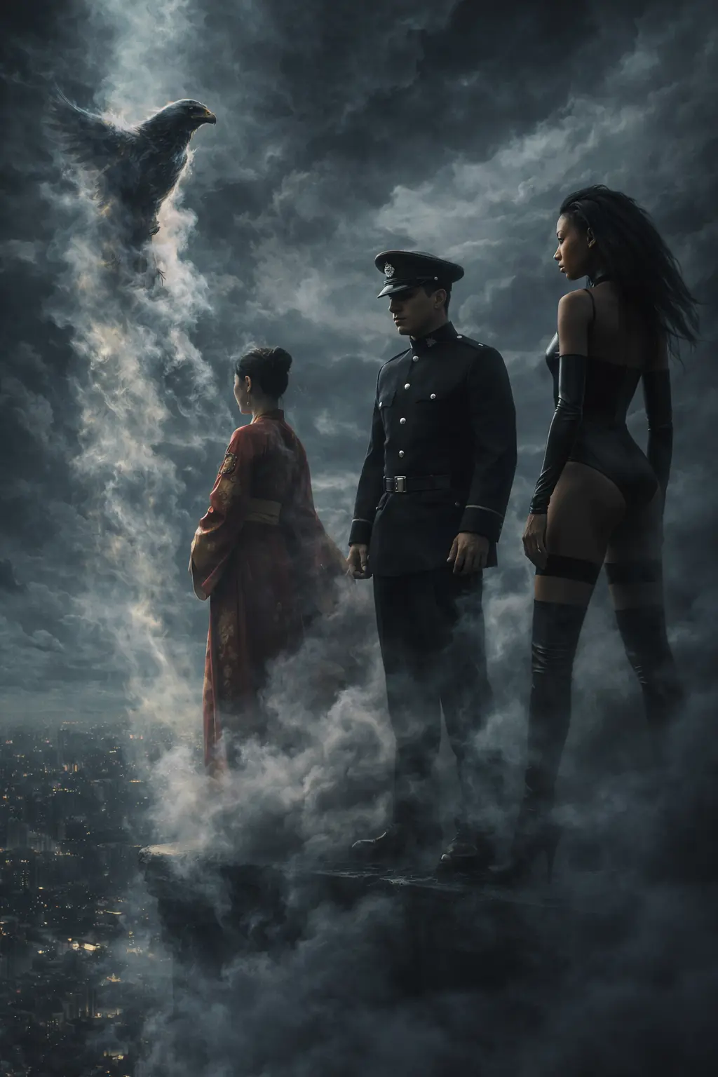 Three figures on a rooftop amid storm clouds as one transforms into a falcon