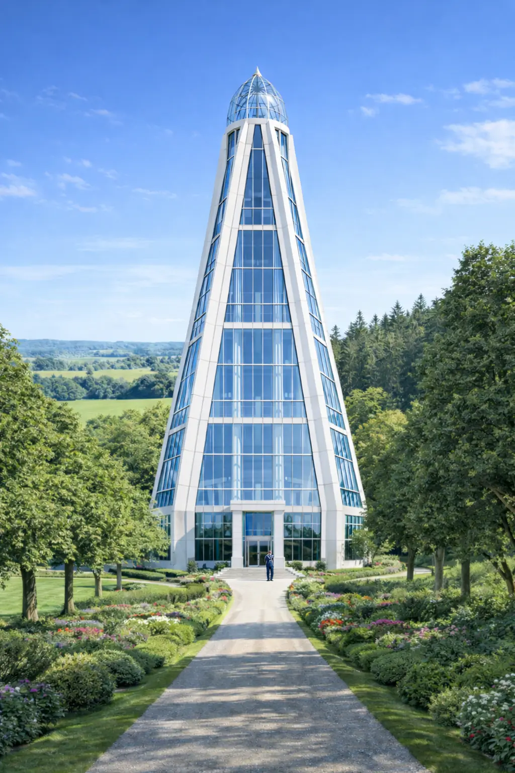 John standing before a vast white stone and glass pyramid beneath a cloudy sky.